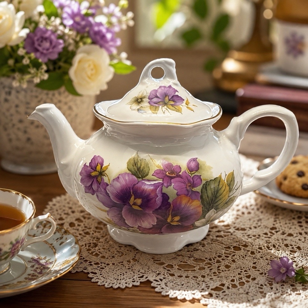 Vintage Arthur Wood Teapot 6496 Purple Floral Gold Trim England 6 Cup